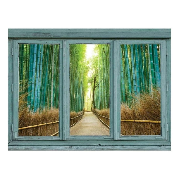 wall26 Home Decor 36x48 inches Vintage Teal Window Looking Out Into a Green Bamboo Forest Removable Sticker Wall Mural 
